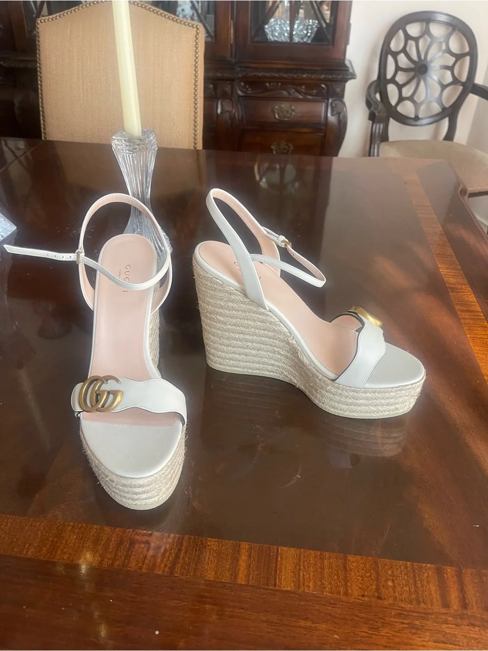 Gucci Cream Leather Espadrille Wedge Sandals with Gold Double G